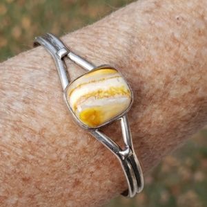 Vintage Sterling Silver Signed Native American Orange Stone Cuff Bracelet